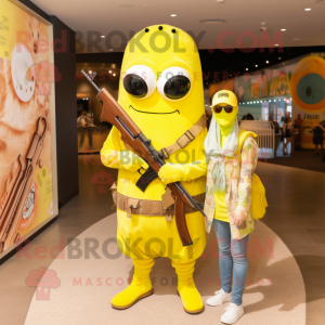 Lemon Yellow Sniper mascot costume character dressed with a Mom Jeans and Wraps