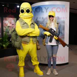 Lemon Yellow Sniper mascot costume character dressed with a Mom Jeans and Wraps
