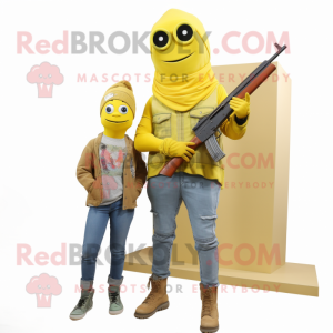 Lemon Yellow Sniper mascot costume character dressed with a Mom Jeans and Wraps