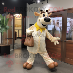 Gold Holstein Cow mascot costume character dressed with a Dress Shirt and Tote bags