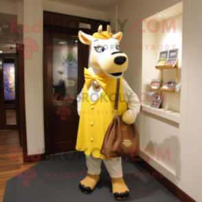 Gold Holstein Cow mascot costume character dressed with a Dress Shirt and Tote bags