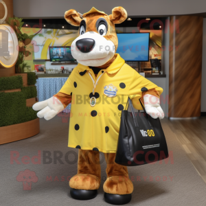 Gold Holstein Cow mascot costume character dressed with a Dress Shirt and Tote bags