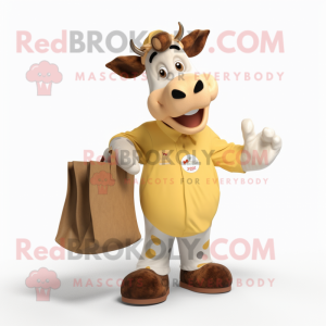 Gold Holstein Cow mascot costume character dressed with a Dress Shirt and Tote bags