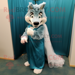 Teal Wolf mascot costume character dressed with a Wedding Dress and Shoe clips