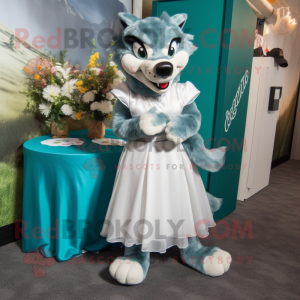 Teal Wolf mascot costume character dressed with a Wedding Dress and Shoe clips