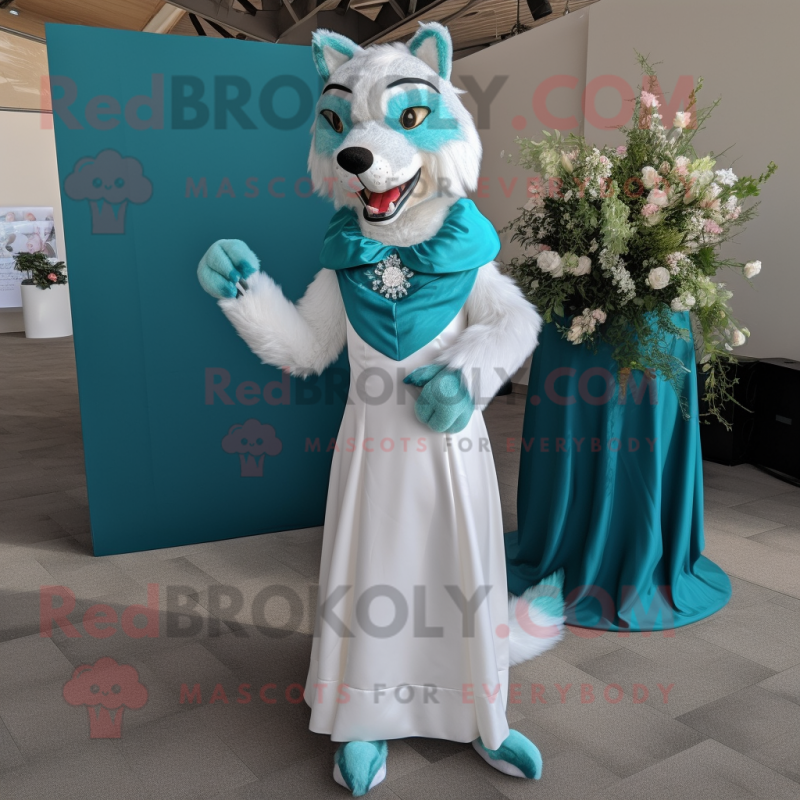 Teal Wolf mascot costume character dressed with a Wedding Dress and Shoe clips