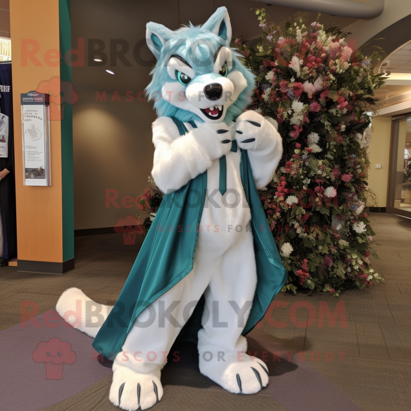 Teal Wolf mascot costume character dressed with a Wedding Dress and Shoe clips