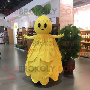 Lemon Yellow Grape mascot costume character dressed with a A-Line Dress and Wraps