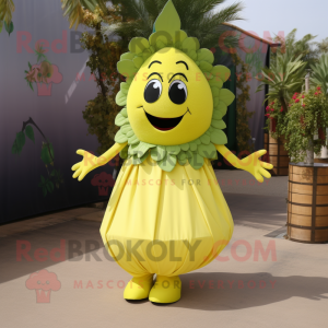 Lemon Yellow Grape mascot costume character dressed with a A-Line Dress and Wraps