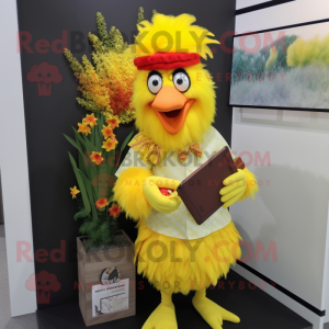 Lemon Yellow Rooster mascot costume character dressed with a Pencil Skirt and Beanies