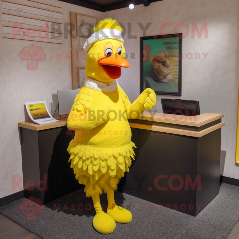 Lemon Yellow Rooster mascot costume character dressed with a Pencil Skirt and Beanies