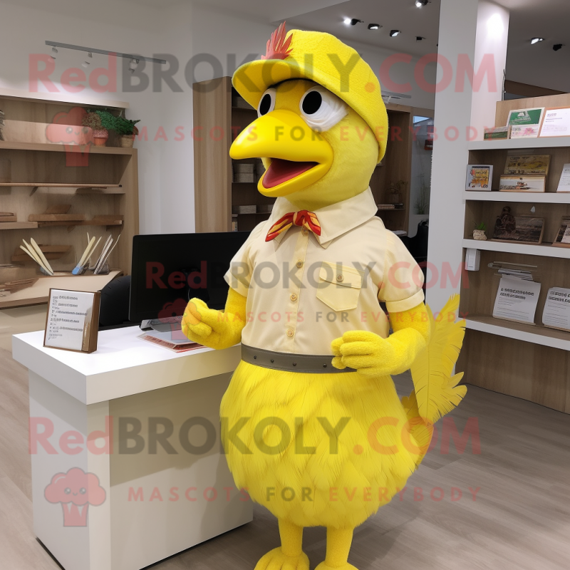 Lemon Yellow Rooster mascot costume character dressed with a Pencil Skirt and Beanies