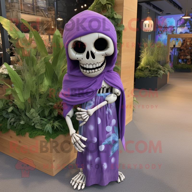 Lavender Skull mascot costume character dressed with a Wrap Dress and Scarf clips Lavender Skull mascot costume character dressed with a Wrap Dress and Scarf clips