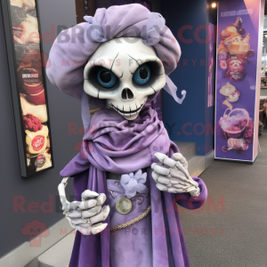 Lavender Skull mascot costume character dressed with a Wrap Dress and Scarf clips
