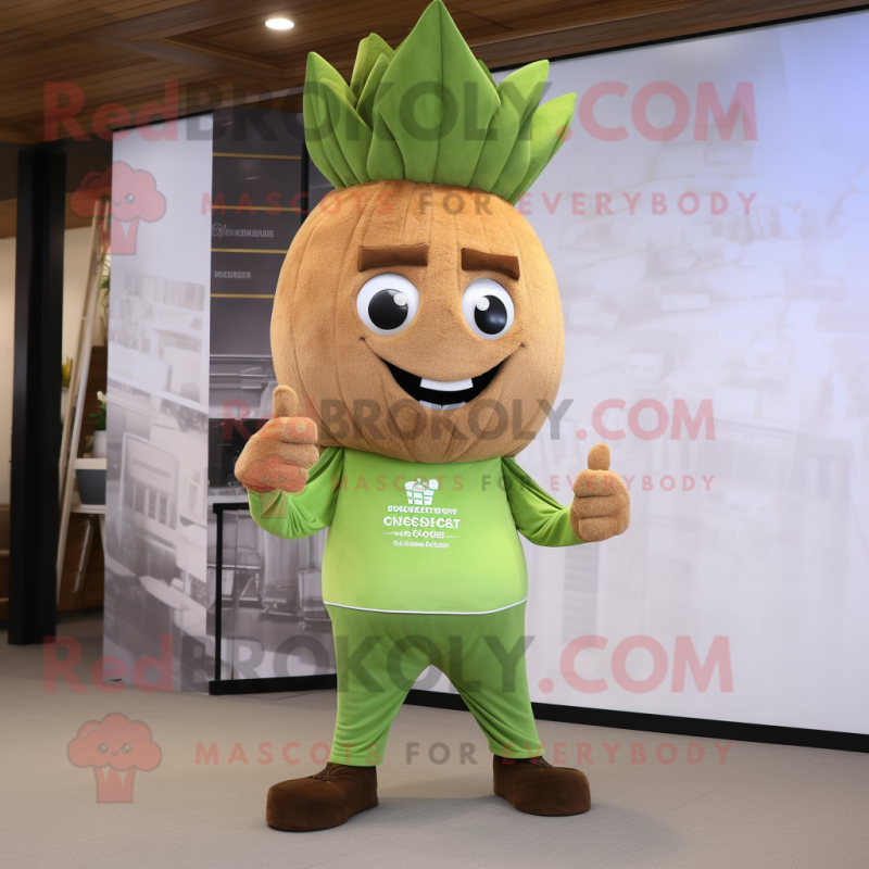 Brown Celery mascot costume character dressed with a Chinos and Bracelet watches