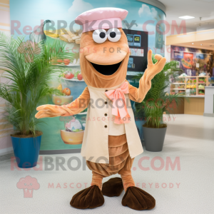 Brown Shrimp Scampi mascot costume character dressed with a Dress Pants and Brooches