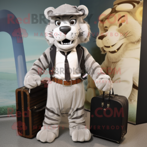 Silver Saber-Toothed Tiger mascot costume character dressed with a Waistcoat and Briefcases