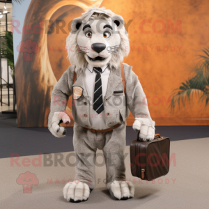 Silver Saber-Toothed Tiger mascot costume character dressed with a Waistcoat and Briefcases