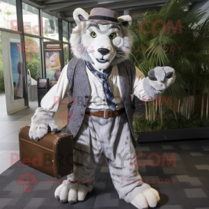 Silver Saber-Toothed Tiger mascot costume character dressed with a Waistcoat and Briefcases