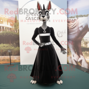 Black Gazelle mascot costume character dressed with a Empire Waist Dress and Belts