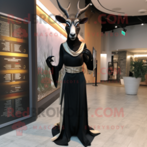 Black Gazelle mascot costume character dressed with a Empire Waist Dress and Belts