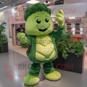 Forest Green Broccoli mascot costume character dressed with a Sweatshirt and Foot pads