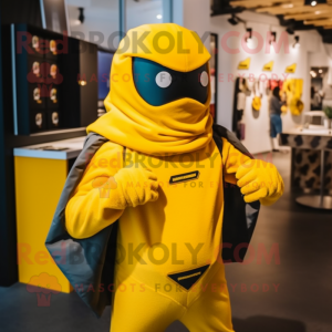 Yellow Superhero mascot costume character dressed with a Hoodie and Backpacks