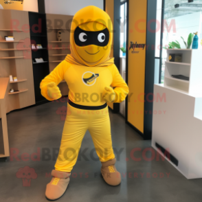 Yellow Superhero mascot costume character dressed with a Hoodie and Backpacks