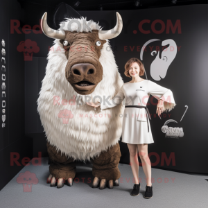 White Woolly Rhinoceros mascot costume character dressed with a Sheath Dress and Rings