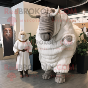 White Woolly Rhinoceros mascot costume character dressed with a Sheath Dress and Rings