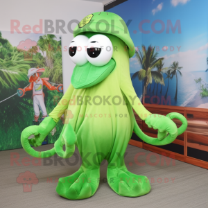 Lime Green Octopus mascot costume character dressed with a Capri Pants and Headbands