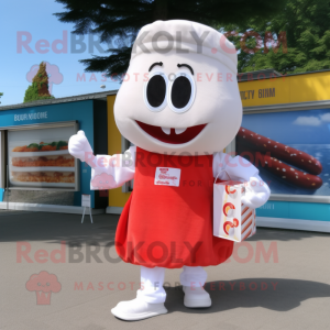 White Currywurst mascot costume character dressed with a Capri Pants and Clutch bags