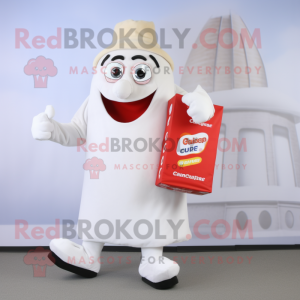 White Currywurst mascot costume character dressed with a Capri Pants and Clutch bags
