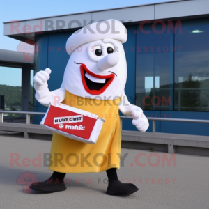 White Currywurst mascot costume character dressed with a Capri Pants and Clutch bags