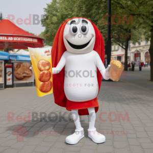 White Currywurst mascot costume character dressed with a Capri Pants and Clutch bags