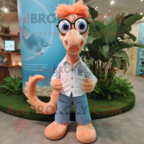 Peach Sea Horse mascot costume character dressed with a Chambray Shirt and Eyeglasses