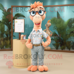 Peach Sea Horse mascot costume character dressed with a Chambray Shirt and Eyeglasses
