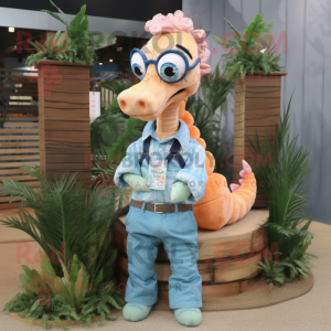 Peach Sea Horse mascot costume character dressed with a Chambray Shirt and Eyeglasses