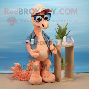 Peach Sea Horse mascot costume character dressed with a Chambray Shirt and Eyeglasses