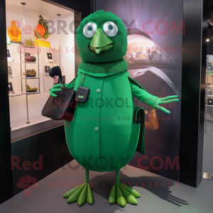 Green Blackbird mascot costume character dressed with a Turtleneck and Clutch bags