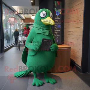 Green Blackbird mascot costume character dressed with a Turtleneck and Clutch bags