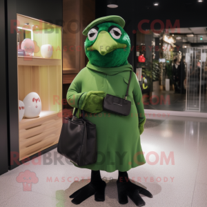 Green Blackbird mascot costume character dressed with a Turtleneck and Clutch bags