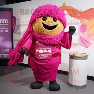 Magenta Ramen mascot costume character dressed with a Cargo Pants and Shawl pins