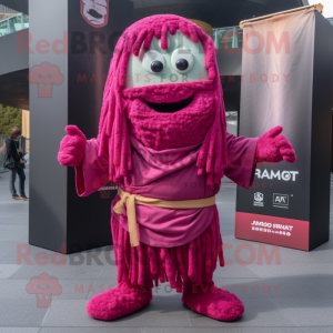 Magenta Ramen mascot costume character dressed with a Cargo Pants and Shawl pins