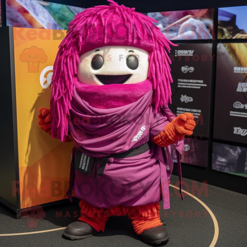 Magenta Ramen mascot costume character dressed with a Cargo Pants and Shawl pins Magenta Ramen mascot costume character dressed with a Cargo Pants and Shawl pins