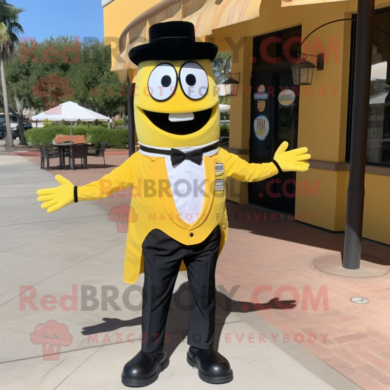 Lemon Yellow Bbq Ribs mascot costume character dressed with a Tuxedo and Ties Lemon Yellow Bbq Ribs mascot costume character dressed with a Tuxedo and Ties
