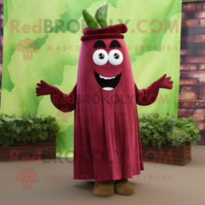 Maroon Celery mascot costume character dressed with a Maxi Dress and Pocket squares