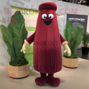 Maroon Celery mascot costume character dressed with a Maxi Dress and Pocket squares