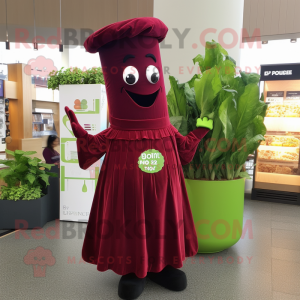 Maroon Celery mascot costume character dressed with a Maxi Dress and Pocket squares