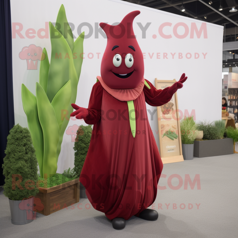 Maroon Celery mascot costume character dressed with a Maxi Dress and Pocket squares Maroon Celery mascot costume character dressed with a Maxi Dress and Pocket squares